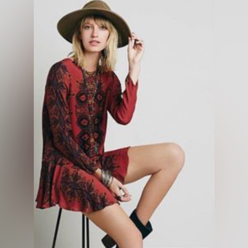 Free People Rust Long Sleeve Mini Dress Tunic Flounce Hem Open Back XS